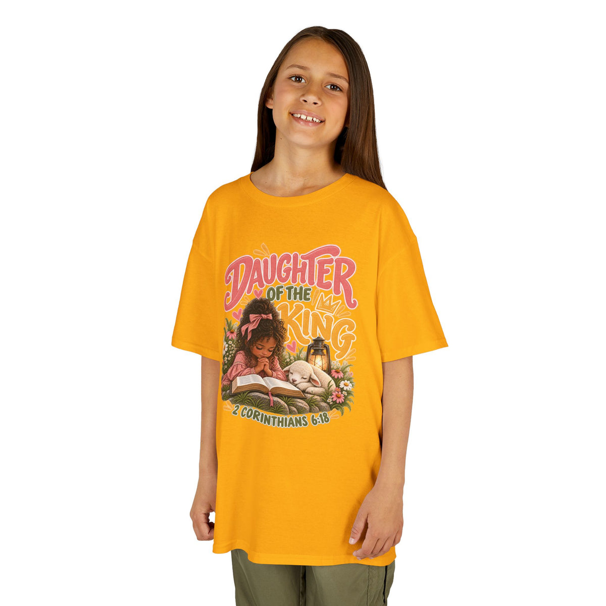 Daughter of the King Kids Tee Curly Brown– Christian Girls Bible Verse Shirt