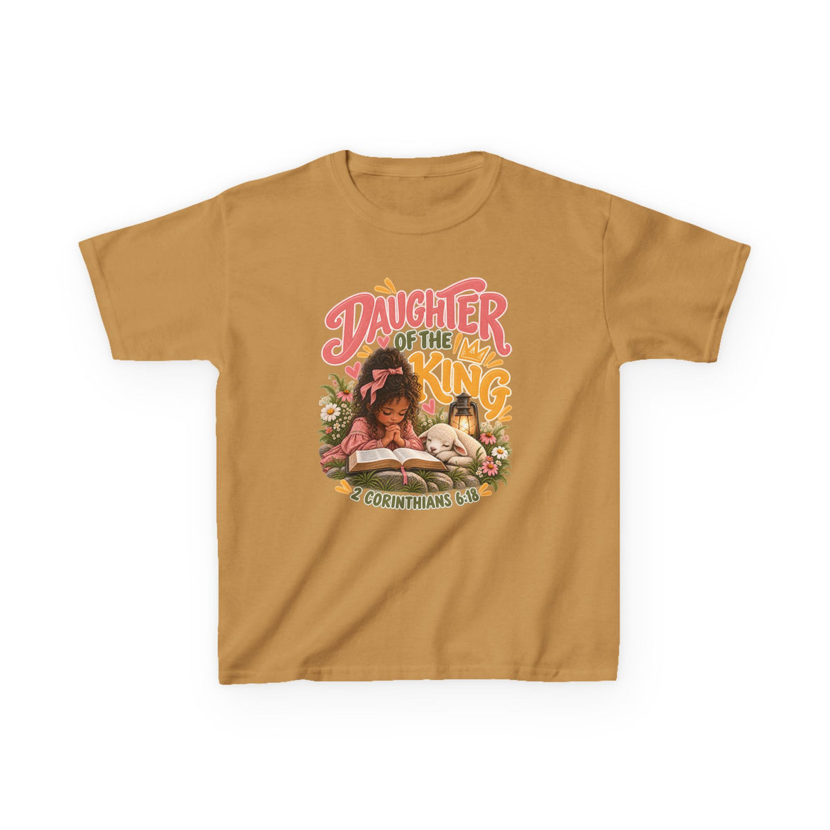Daughter of the King Kids Tee Curly Brown– Christian Girls Bible Verse Shirt